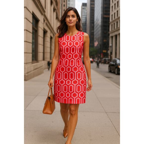 Leslie Evers Orange Pink Geometric Sheath Dress Small S EUC - Picture 1 of 8